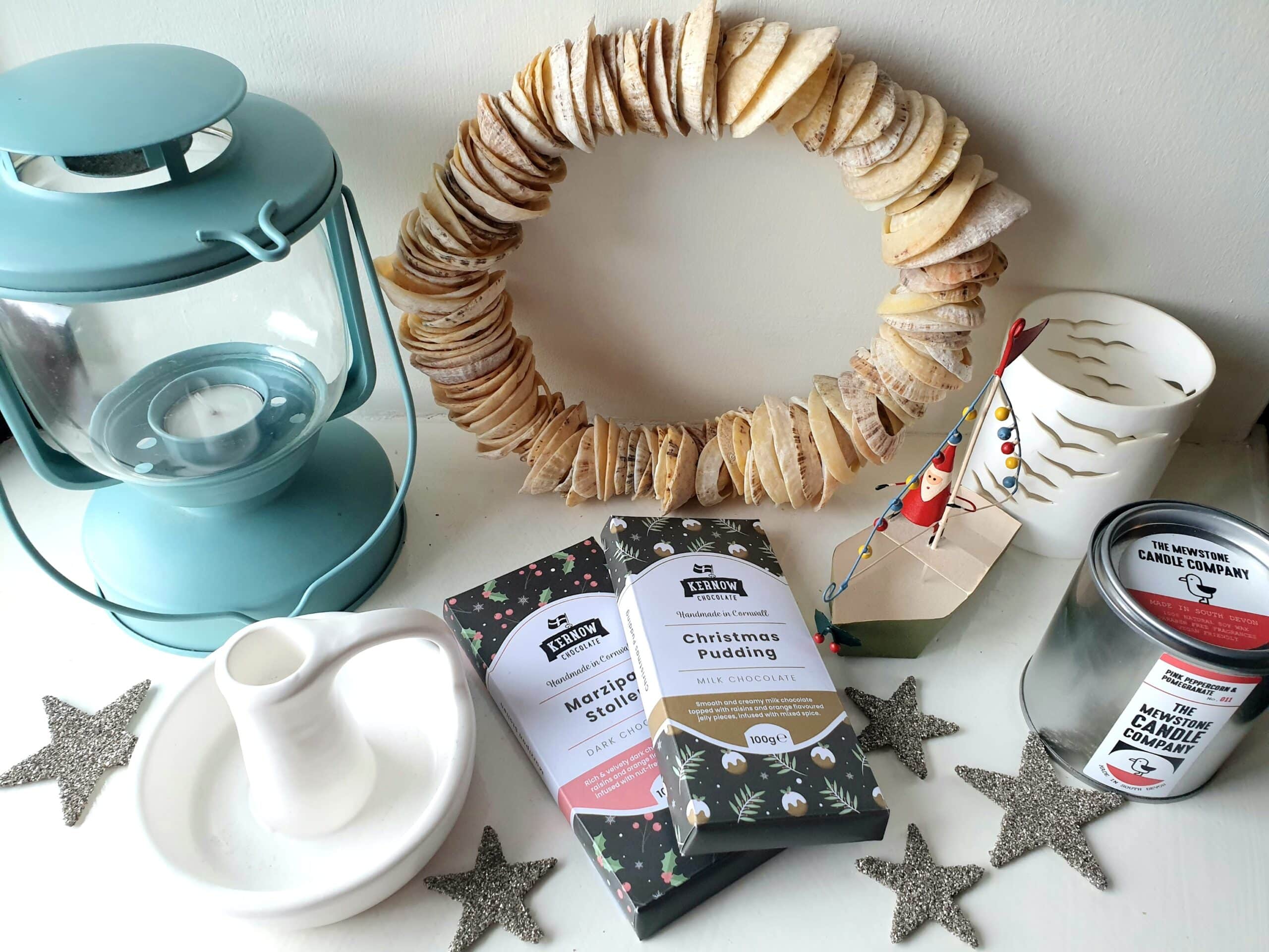 Christmas gifts, including festive bars, scented candles and handmade lamps and shades