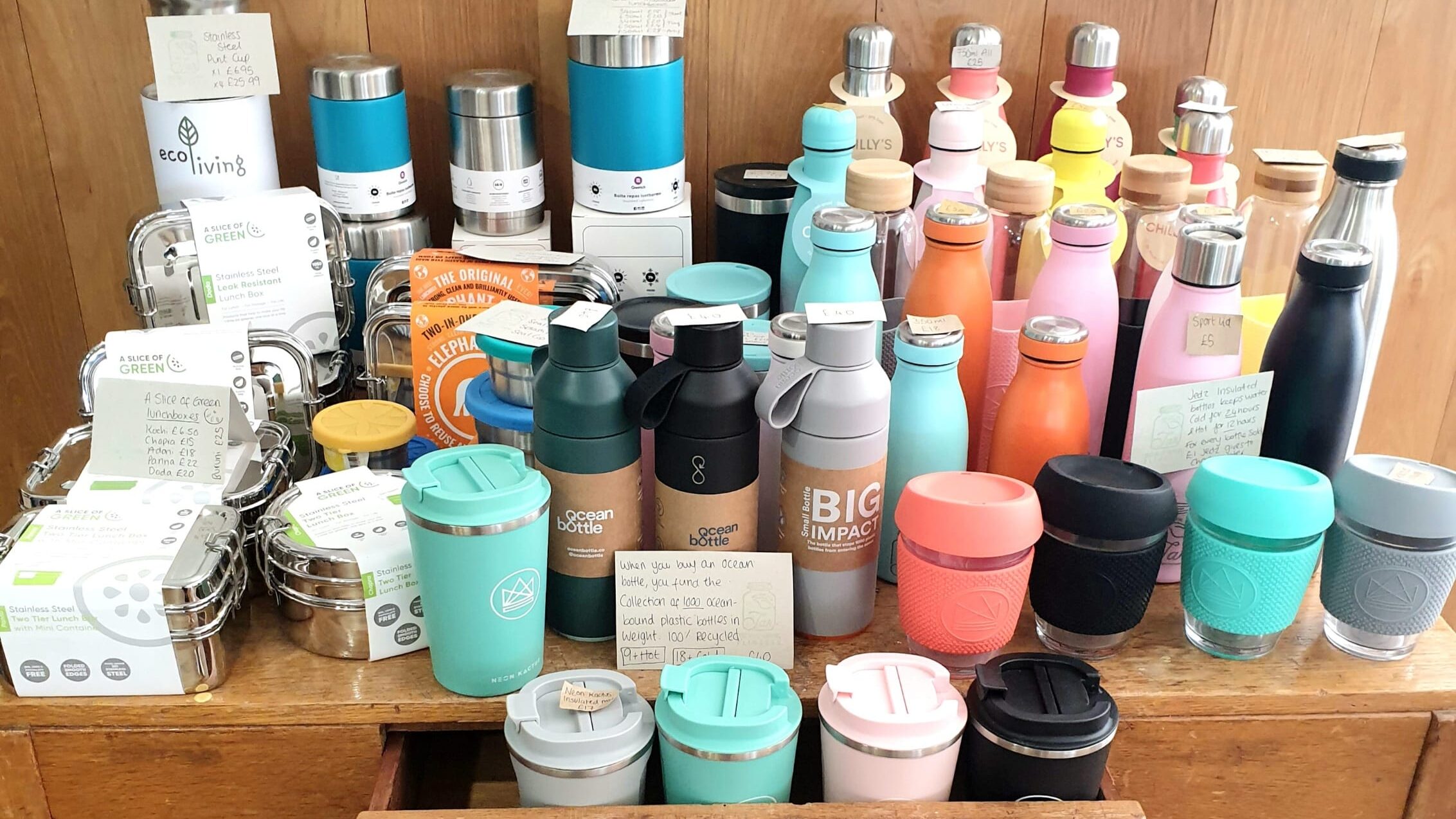 A rainbow of refillable keep cups and water bottles to choose from at Jar